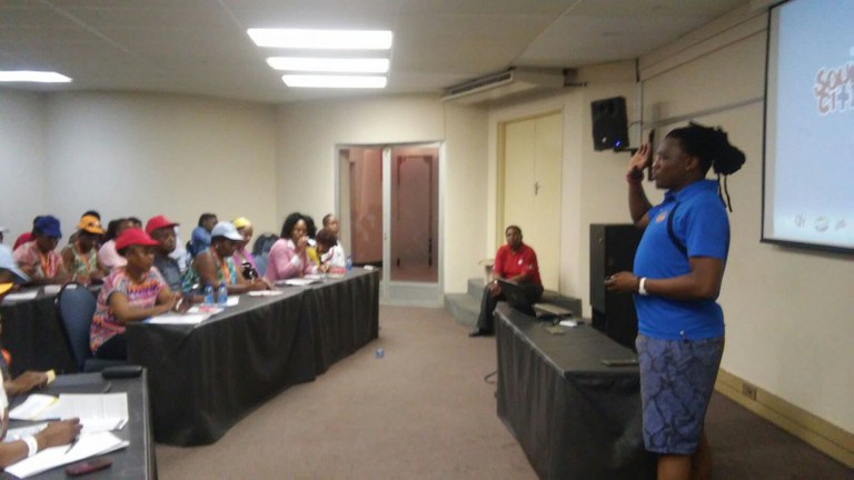 Thabiso NC Provincial Coordinator taking the club facilitators through the SBC App